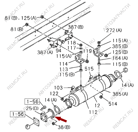 На схеме изображена труба соединительная от горного тормоза к глушителю ISUZU NQR75/NPR75, 8971857980