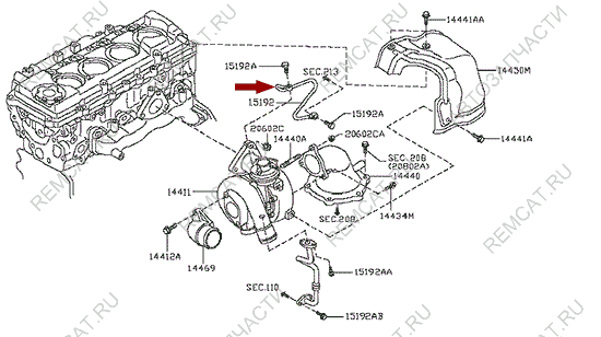На схеме изображена трубка подвода масла турбокомпрессора Ниссан Кабстар (Nissan Cabstar), 15192MA70A