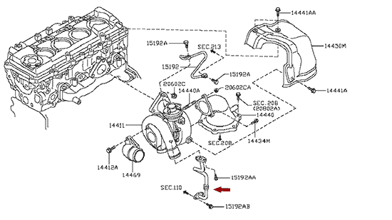 На схеме изображена трубка слива масла турбокомпрессора Ниссан Кабстар (Nissan Cabstar), 15197MA70A
