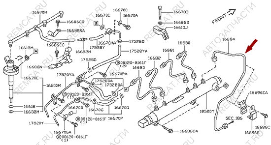 На схеме изображена трубка топливная Ниссан Кабстар (Nissan Cabstar) – №5 (от ТНВД к рампе), 16684MA70A