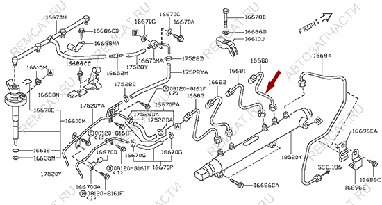 На схеме изображена трубка топливная Ниссан Кабстар (Nissan Cabstar) - №1, 16680MA70A