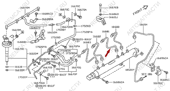 На схеме изображена трубка топливная Ниссан Кабстар (Nissan Cabstar) - №2, 16681MA70A