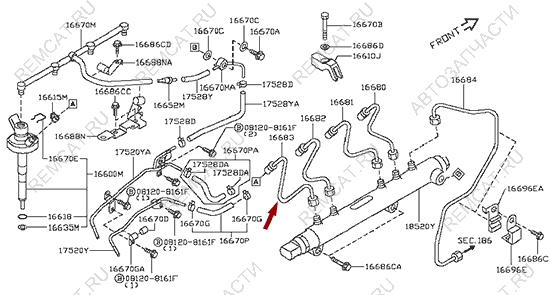 На схеме изображена трубка топливная Ниссан Кабстар (Nissan Cabstar) - №4, 16683MA70A