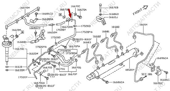 На схеме изображена трубка топливная обратки Ниссан Кабстар (Nissan Cabstar) - сливная, 16670MA70B