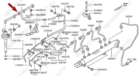 На схеме изображена трубка топливная обратки Ниссан Кабстар (Nissan Cabstar), в сборе, 16672MA70A