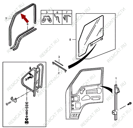 На схеме изображен уплотнитель (направляющая) стекла двери JMC 1032 - верхний, 610301130/2130