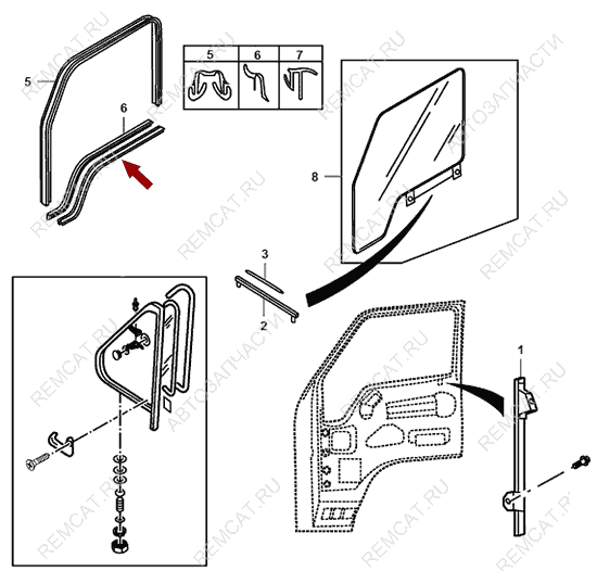 На схеме изображен уплотнитель стекла водительской двери JMC 1032 - внутренний левый, 610331030