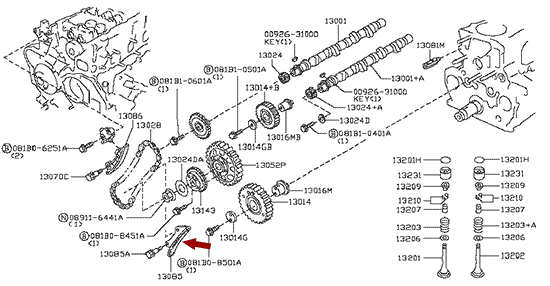 На схеме изображен успокоитель цепи ГРМ Ниссан Кабстар (Nissan Cabstar), 13085MA70A