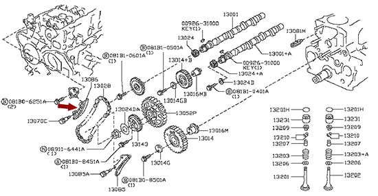 На схеме изображен успокоитель цепи ГРМ Ниссан Кабстар (Nissan Cabstar), 13091MA70A