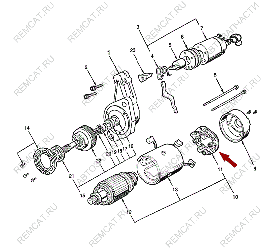 На схеме изображен узел щеточный стартера JMC 1051, 3708201KIT
