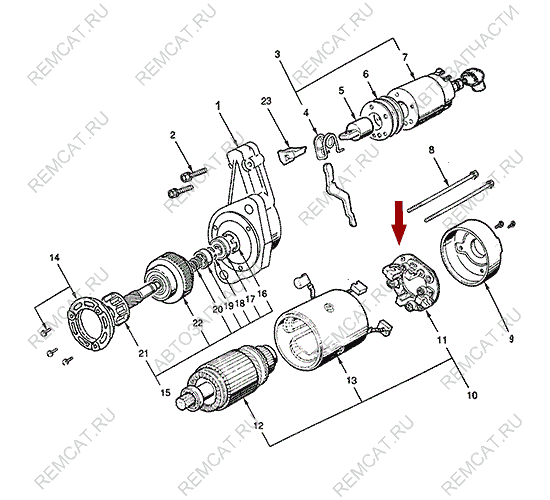 На схеме изображен узел щеточный стартера JMC 1032, 3708201KIT