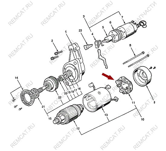 На схеме изображен узел щеточный стартера JMC 1043, 3708201KIT