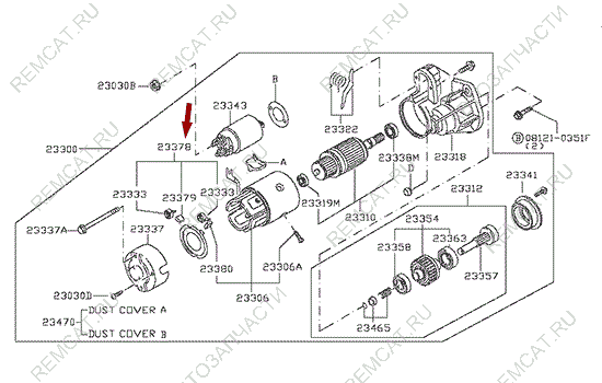 На схеме изображен узел щеточный стартера Ниссан Кабстар (Nissan Cabstar), 233781W400A