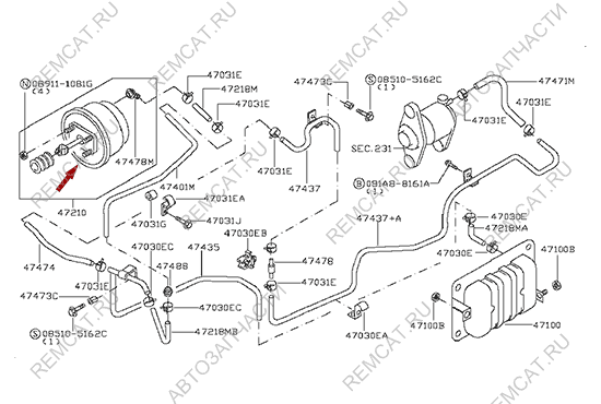 На схеме изображен вакуумный усилитель тормозов Ниссан Кабстар (Nissan Cabstar), 47210MB20A