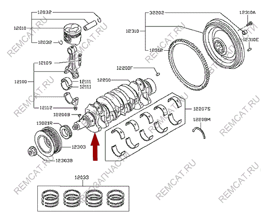 На схеме изображен вал коленчатый (коленвал) Nissan Cabstar (Ниссан Кабстар), 12200MA70A