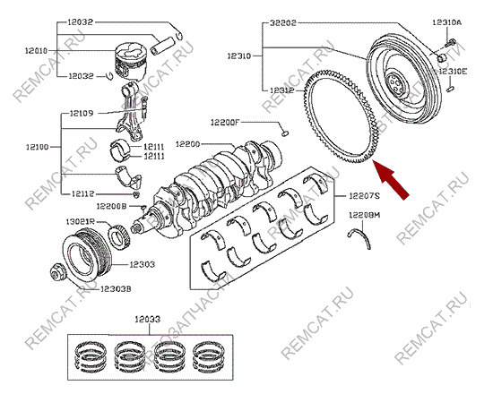 На схеме изображен венец маховика Nissan Cabstar (Ниссан Кабстар), 12312MA70A