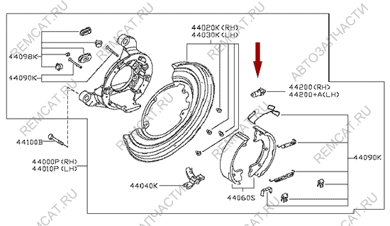 На схеме изображен винт регулировочный колодок ручного (стояночного) тормоза Ниссан Кабстар (Nissan Cabstar), 44200MB40C
