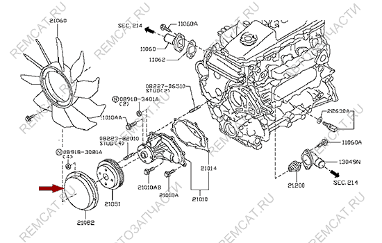 На схеме изображена Вискомуфта вентилятора Ниссан Кабстар (Nissan Cabstar), 21082MA70D