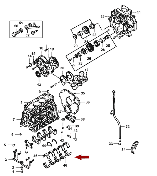 На схеме изображены вкладыши коренные JMC Baodian - (0.50), 1002015AD–050 (1002016AD–050)