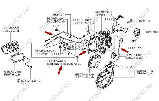 На схеме изображен замок водительской двери Ниссан Кабстар (Nissan Cabstar), в сборе, 80503AA20E