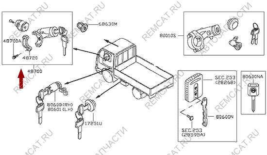 На схеме изображен замок зажигания Nissan Cabstar (Ниссан Кабстар), в сборе, без иммобилайзера, 48700MB425