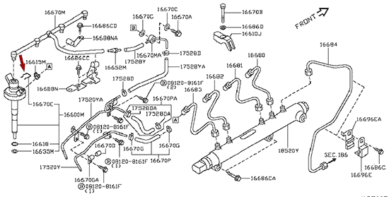 На схеме изображен зажим топливной форсунки Ниссан Кабстар (Nissan Cabstar), 16883DB000